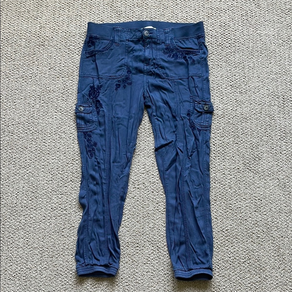 Knox Rose Blue Cargo Pants with Floral Embroidery